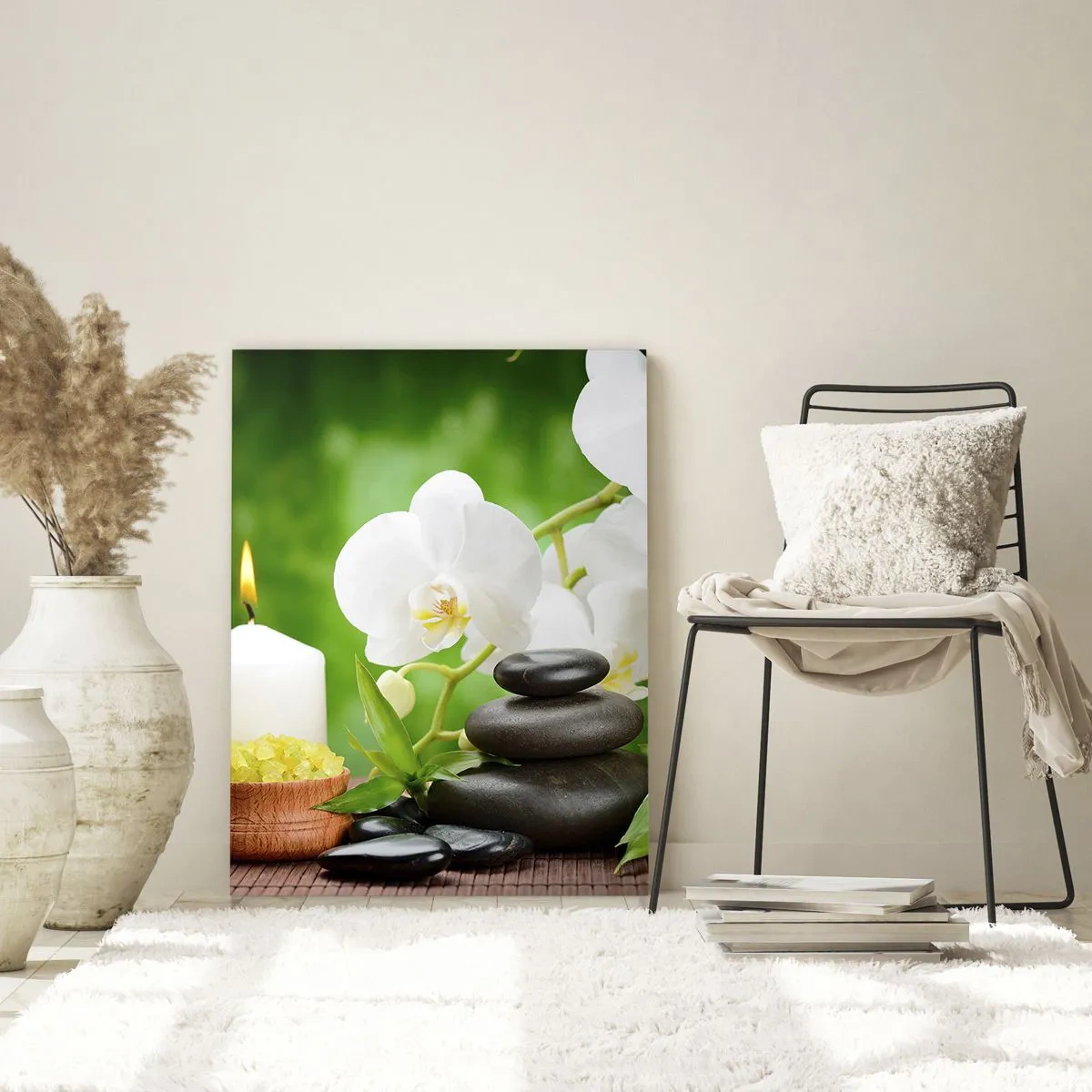 Quadro su vetro - Orchidee, candele e pietre immerse nella natura - 80x120cm - Tocco delicato, fragrante, floreale - Decorazione murale moderna per soggiorno e camera da letto ARTTOR