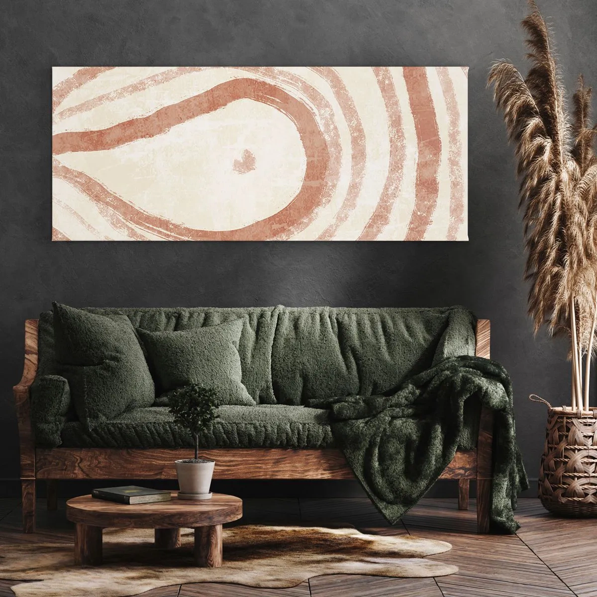 Quadro su tela - Stampe su Tela - Un motivo astratto di linee concentriche nelle tonalità del terracotta. - 160x50cm - Cerchi di corallo - Decorazione murale moderna per soggiorno e camera da letto ARTTOR