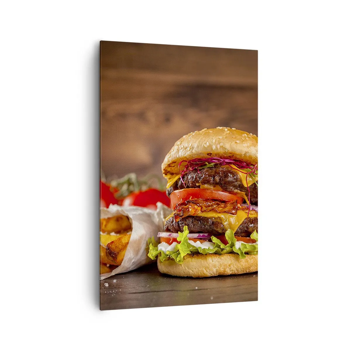Quadro su tela - Stampe su Tela - Hamburger appetitoso con extra - 80x120cm - Frutto proibito - Decorazione murale moderna per soggiorno e camera da letto ARTTOR