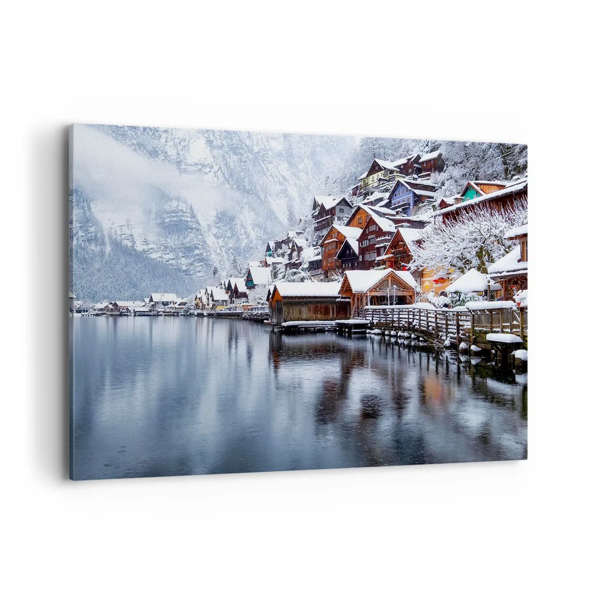 Quadro su tela - Stampe su Tela - Vista invernale di un villaggio di montagna in riva al lago - 100x70cm - Decorazione invernale - Decorazione murale moderna per soggiorno e camera da letto ARTTOR