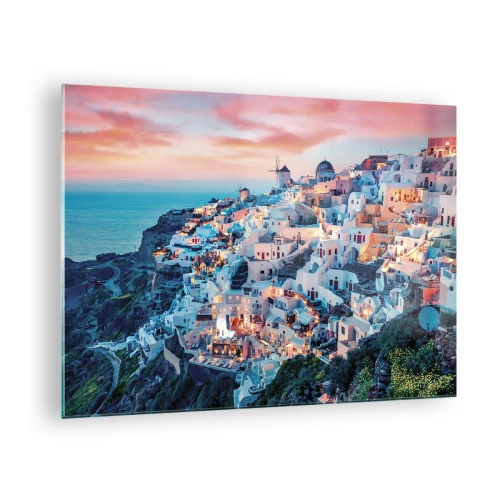 Quadro su vetro - Città greca sulla scogliera al tramonto con vista sul mare - 70x50cm - La tua grossa vacanza greca - Decorazione murale moderna per soggiorno e camera da letto ARTTOR