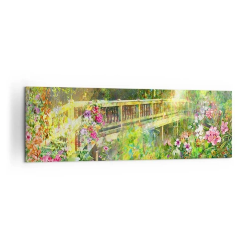 Quadro su tela - Stampe su Tela - Un ponte circondato da una vegetazione lussureggiante e fiori - 160x50cm - Il ponte dei sospiri primaverili - Decorazione murale moderna per soggiorno e camera da letto ARTTOR