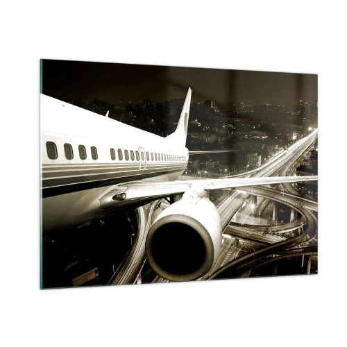 Quadro su vetro - Un aereo sopra la città di notte con un'atmosfera industriale - 100x70cm - Volare di notte - Decorazione murale moderna per soggiorno e camera da letto ARTTOR