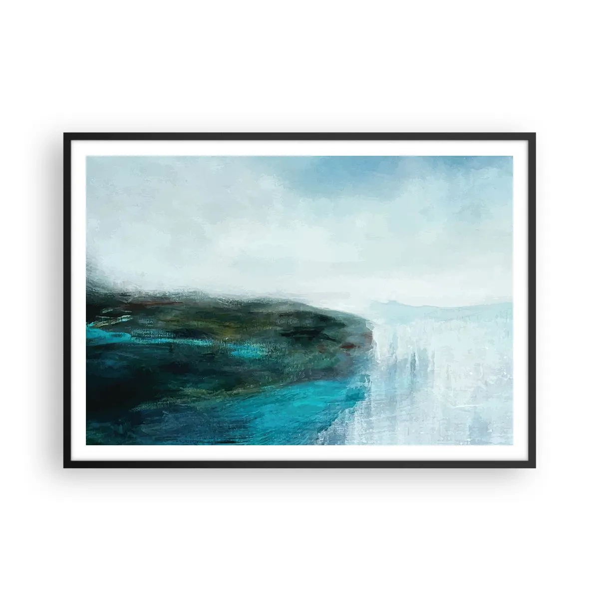 Poster in cornice nera - Paesaggio astratto nei toni del turchese e del grigio - 100x70cm - Astrazione marittima - Decorazione murale moderna per soggiorno e camera da letto ARTTOR