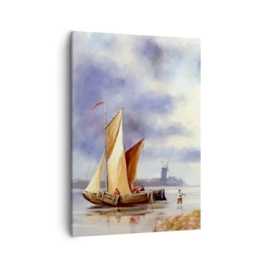 Quadro su tela - Stampe su Tela - Barche a vela su acque calme con mulini a vento sullo sfondo - 50x70cm - Il ritorno dei marinai - Decorazione murale moderna per soggiorno e camera da letto ARTTOR