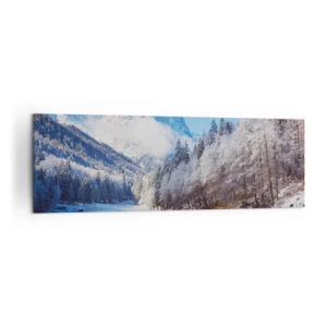 Quadro su tela - Stampe su Tela - Paesaggio montano invernale con alberi innevati e un lago - 160x50cm - Il custode innevato - Decorazione murale moderna per soggiorno e camera da letto ARTTOR