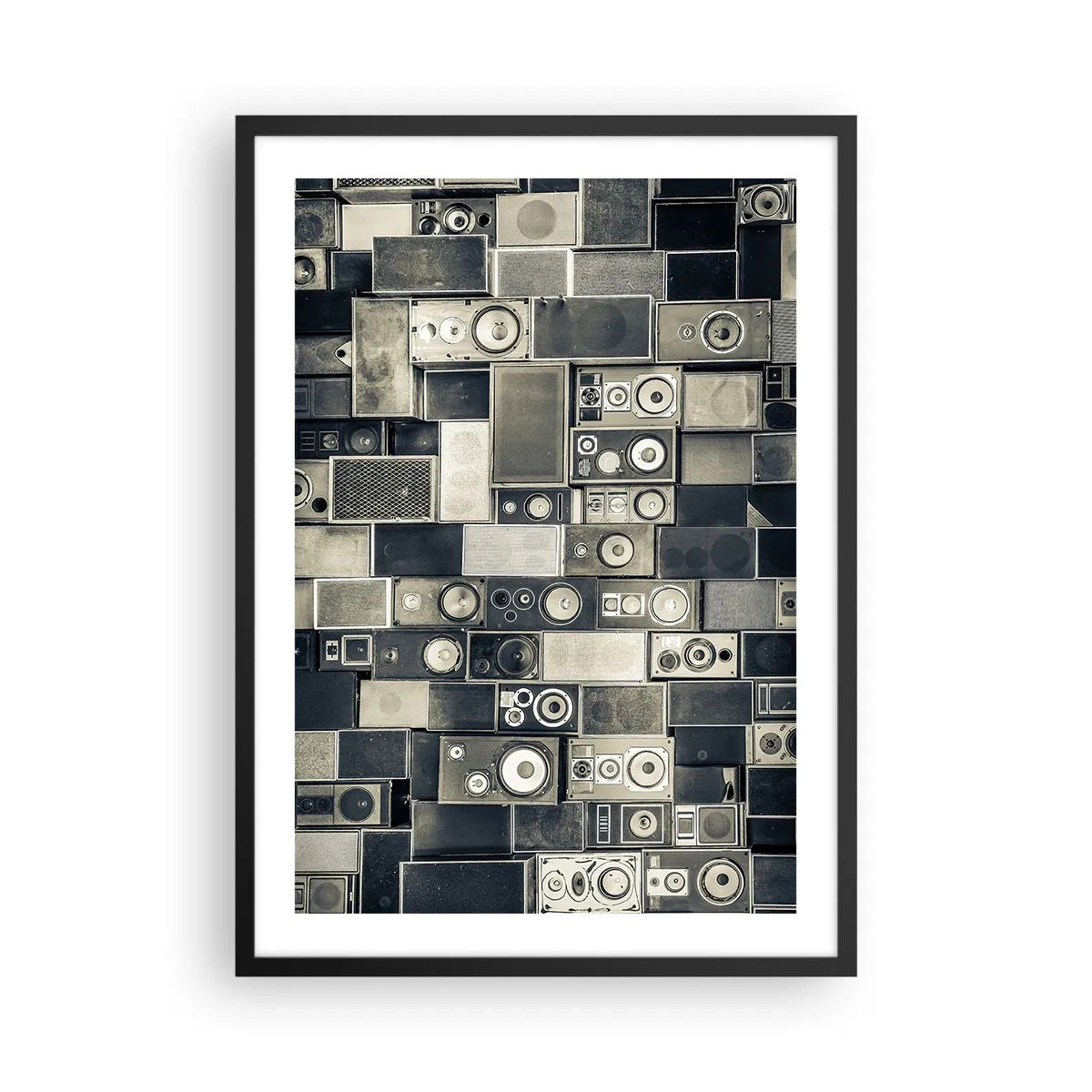Poster in cornice nera - Collage di altoparlanti in tonalità di grigio - 50x70cm - Armonia di suoni - Decorazione murale moderna per soggiorno e camera da letto ARTTOR