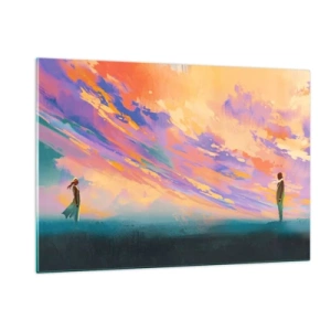 Quadro su vetro - Due persone sullo sfondo di un cielo colorato al tramonto - 120x80cm - Forza di attrazione - Decorazione murale moderna per soggiorno e camera da letto ARTTOR
