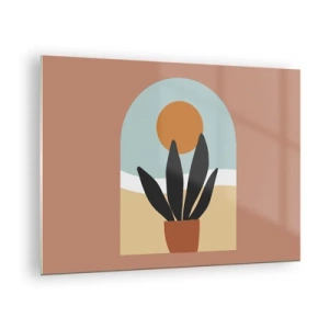 Quadro su vetro - Una scena astratta con una pianta in vaso e il sole sullo sfondo, in colori pastello. - 70x50cm - Piccole gioie - Decorazione murale moderna per soggiorno e camera da letto ARTTOR