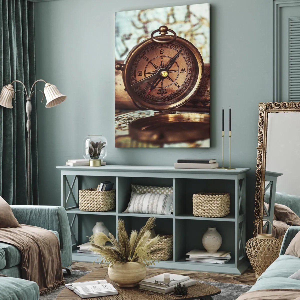 Quadro su tela - Stampe su Tela - Un set retrò con bussola, telescopio e mappa a tema viaggio - 70x100cm - Ti aspetta l'avventura dei pirati dei Caraibi - Decorazione murale moderna per soggiorno e camera da letto ARTTOR