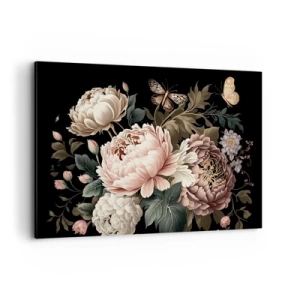 Quadro su tela - Stampe su Tela - Un bouquet di fiori rosa e farfalle su uno sfondo nero - 120x80cm - In stile barocco - Decorazione murale moderna per soggiorno e camera da letto ARTTOR