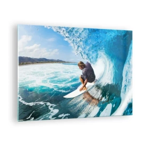 Quadro su vetro - Surfista in un tunnel d'acqua con l'oceano sullo sfondo - 70x50cm - Ballando con le onde - Decorazione murale moderna per soggiorno e camera da letto ARTTOR