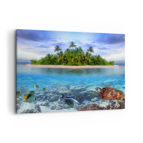 Quadro su tela - Stampe su Tela - Un'isola tropicale circondata da un oceano turchese con una barriera corallina e pesci. - 100x70cm - L'isola del paradiso dà il benvenuto - Decorazione murale moderna per soggiorno e camera da letto ARTTOR