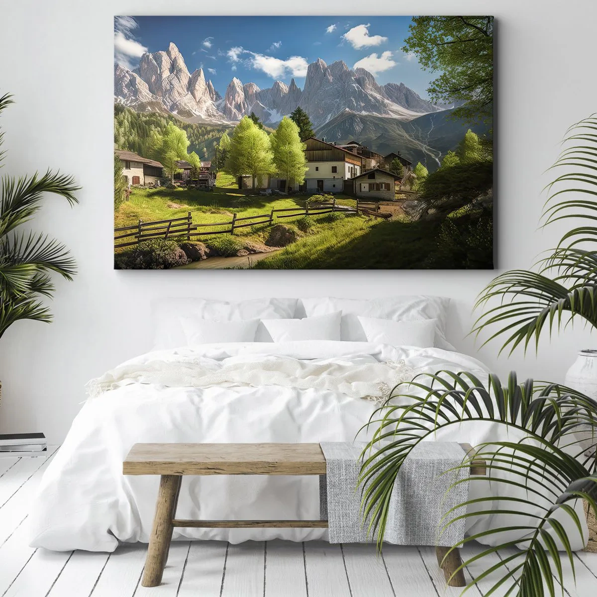 Quadro su tela - Stampe su Tela - Un villaggio di montagna con case e vista sulle Alpi - 120x80cm - Idillio alpino - Decorazione murale moderna per soggiorno e camera da letto ARTTOR