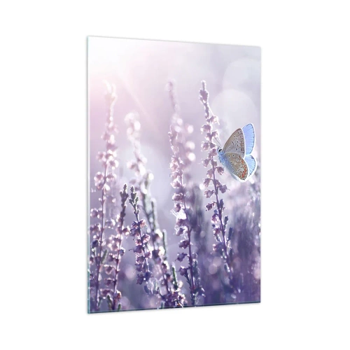 Quadro su vetro - Una farfalla in un campo di lavanda al sole - 50x70cm - Il bacio della farfalla - Decorazione murale moderna per soggiorno e camera da letto ARTTOR