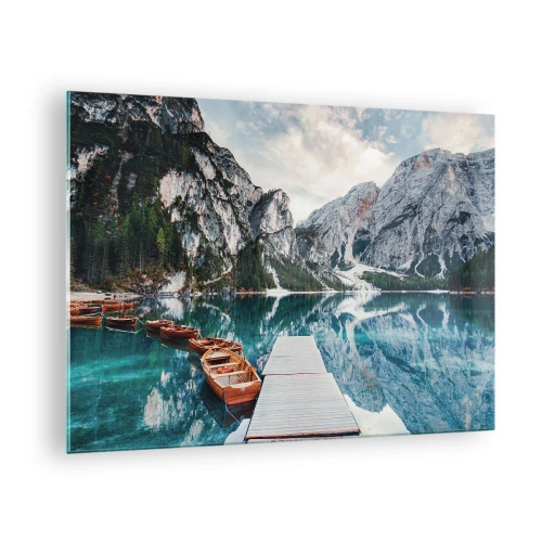 Quadro su vetro - Un ponte di legno sopra un lago turchese in montagna - 70x50cm - Ti mostriamo la bellezza - Decorazione murale moderna per soggiorno e camera da letto ARTTOR