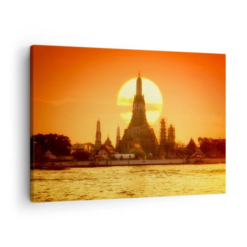 Quadro su tela - Stampe su Tela - Tramonto sul tempio con riflesso nell'acqua - 70x50cm - Verso il sole, sempre verso il sole - Decorazione murale moderna per soggiorno e camera da letto ARTTOR