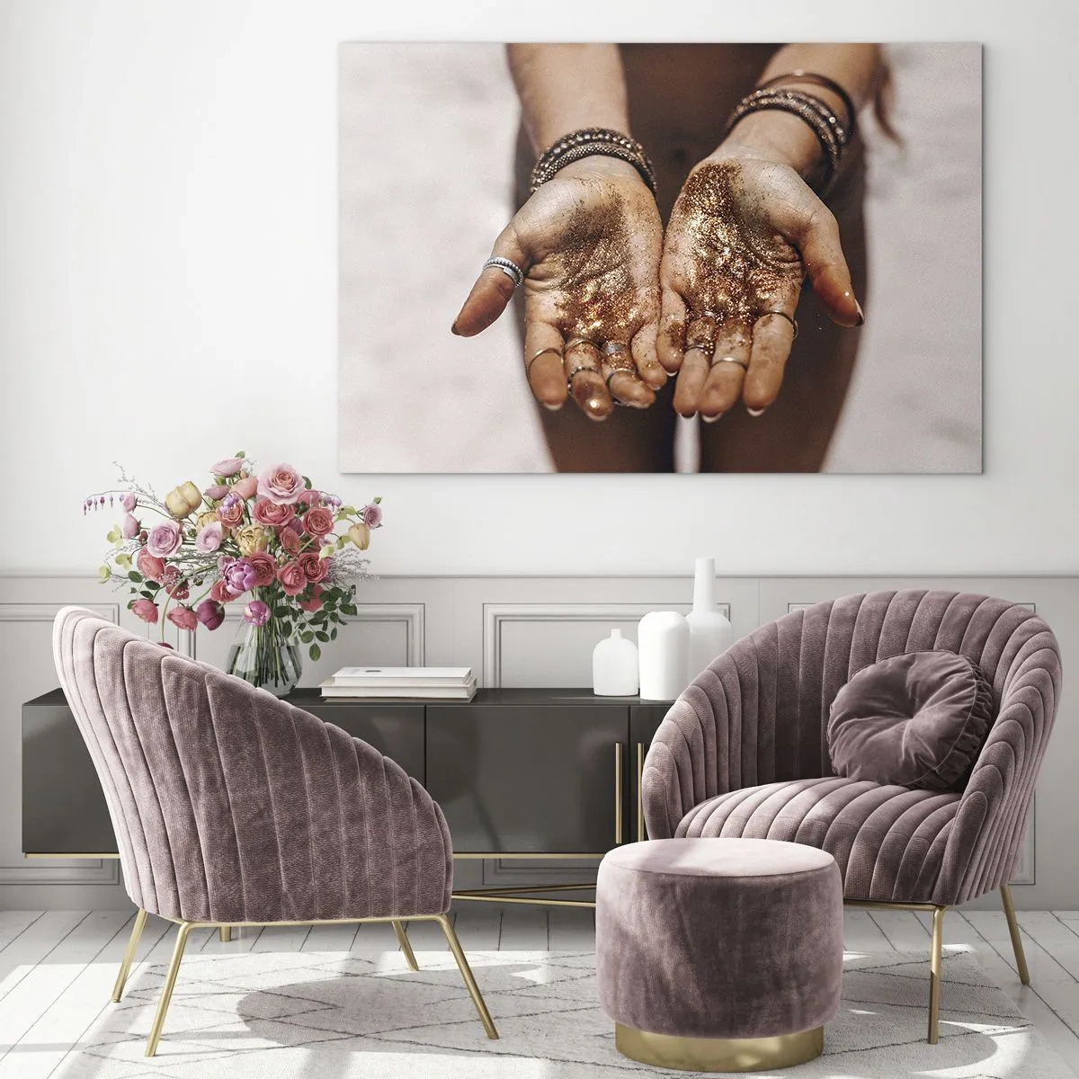 Quadro su vetro - Mani aperte con glitter nella luce calda - 70x50cm - Un dono per te - Decorazione murale moderna per soggiorno e camera da letto ARTTOR