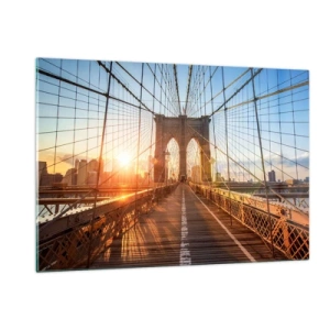 Quadro su vetro - Tramonto sul ponte di Brooklyn a New York - 120x80cm - Sul ponte d'oro - Decorazione murale moderna per soggiorno e camera da letto ARTTOR