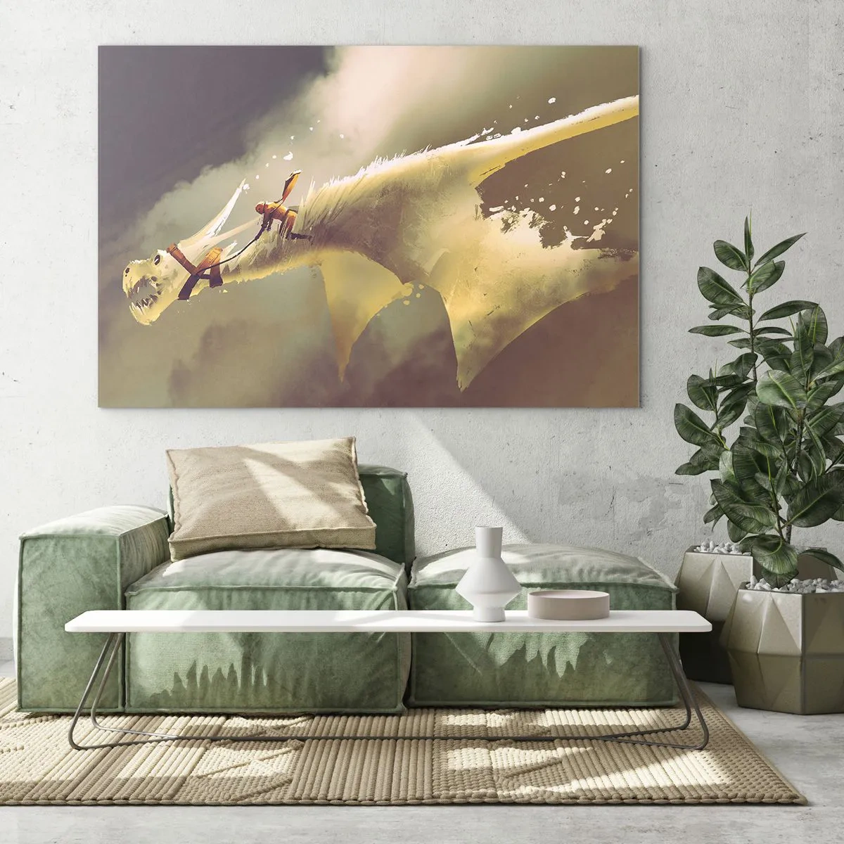 Quadro su vetro - Una figura sul dorso di un drago bianco in un paesaggio nebbioso - 70x50cm - Per salvare il mondo - Decorazione murale moderna per soggiorno e camera da letto ARTTOR