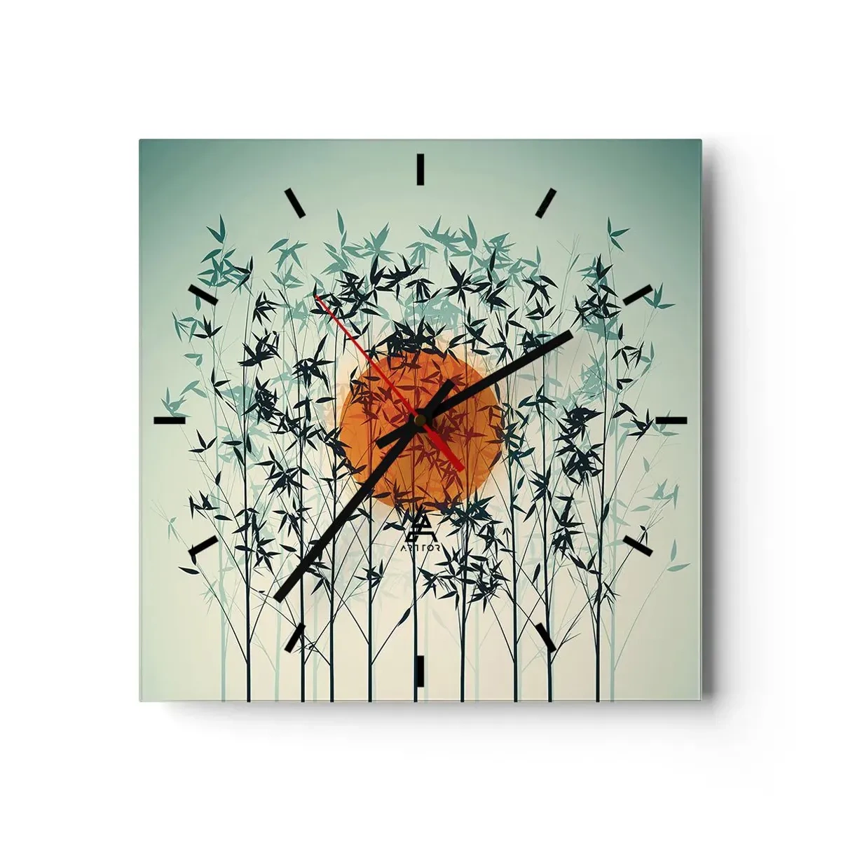 Orologio da parete - Orologio in Vetro - Sole arancione tra i rami di bambù - 30x30cm - Sole giapponese - Decorazione murale moderna per soggiorno e camera da letto ARTTOR