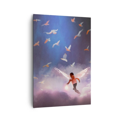 Quadro su tela - Stampe su Tela - Una figura con ali d'angelo che fluttua tra gli uccelli nel cielo - 70x100cm - Bisogna avere fantasia e coraggio - Decorazione murale moderna per soggiorno e camera da letto ARTTOR