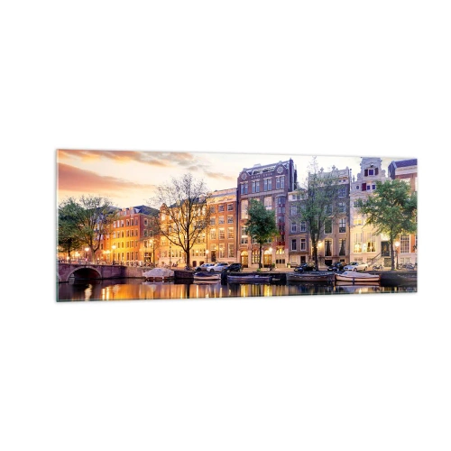 Quadro su vetro - Canale con il riflesso delle case popolari nella luce della sera - 140x50cm - Bellezza olandese riservata e tranquilla - Decorazione murale moderna per soggiorno e camera da letto ARTTOR