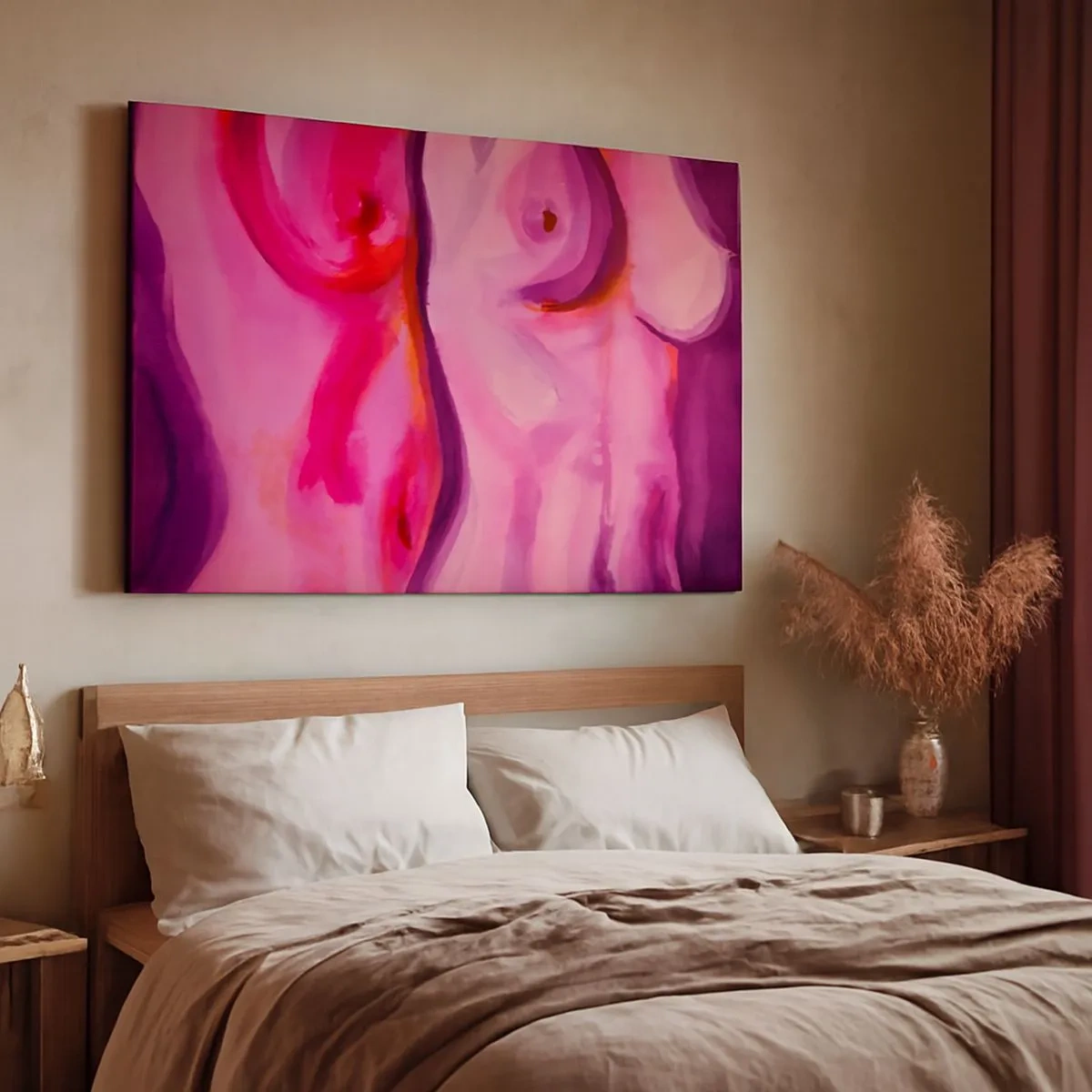 Quadro su tela - Stampe su Tela - Un'interpretazione astratta della silhouette femminile nei toni del rosa e del viola. - 70x50cm - Ode alla femminilità - Decorazione murale moderna per soggiorno e camera da letto ARTTOR