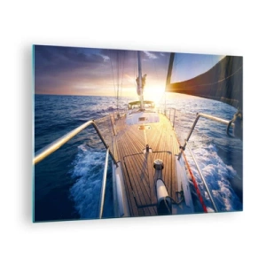 Quadro su vetro - Il ponte di una barca a vela sullo sfondo del sole al tramonto e delle onde del mare - 70x50cm - Correndo sulle onde - Decorazione murale moderna per soggiorno e camera da letto ARTTOR