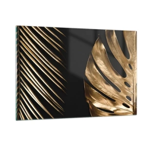 Quadro su vetro - Foglie di palma dorate e monstera su sfondo nero - 120x80cm - Diverse, ma ugualmente care - Decorazione murale moderna per soggiorno e camera da letto ARTTOR