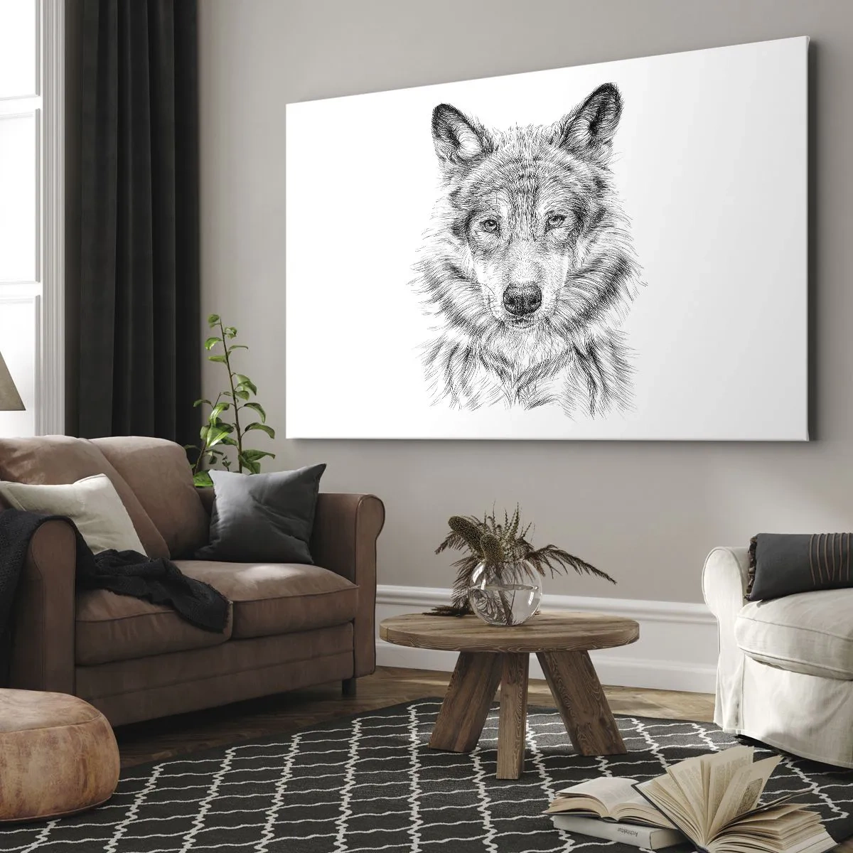 Quadro su tela - Stampe su Tela - Schizzo di una testa di lupo in stile monocromatico su sfondo bianco - 100x70cm - Condottiero nato - Decorazione murale moderna per soggiorno e camera da letto ARTTOR