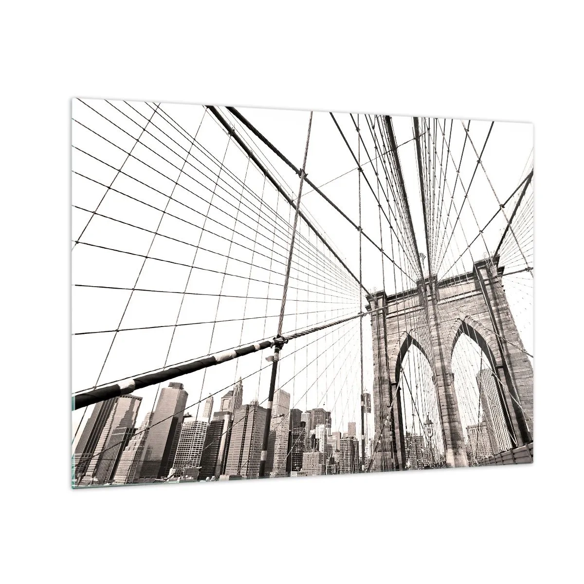 Quadro su vetro - Un ponte sospeso con un panorama cittadino sullo sfondo in seppia - 70x50cm - La cattedrale di New York - Decorazione murale moderna per soggiorno e camera da letto ARTTOR