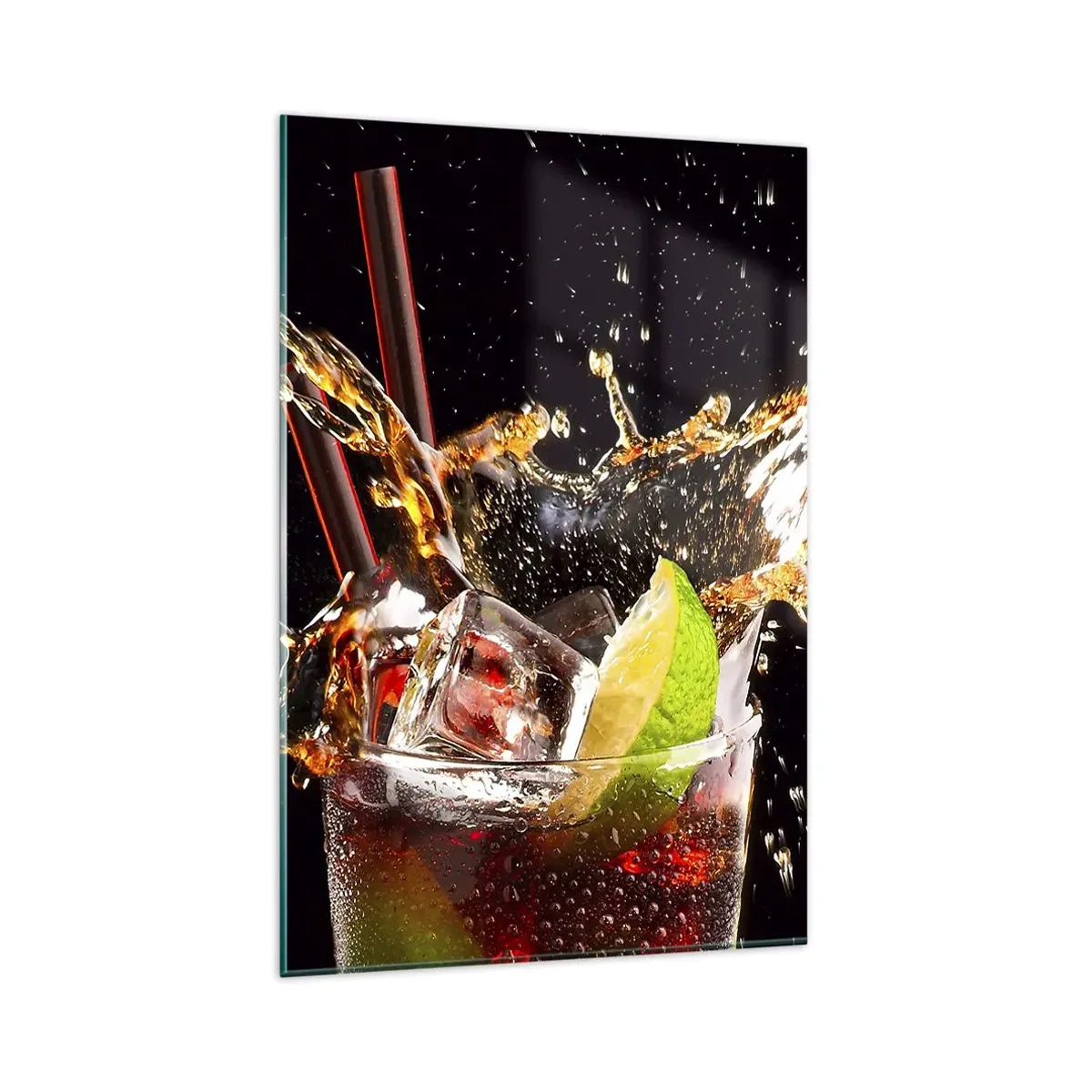 Quadro su vetro - Un bicchiere di bevanda, lime e ghiaccio al momento dello schizzo dinamico - 80x120cm - Gioia ed energia dei colori - Decorazione murale moderna per soggiorno e camera da letto ARTTOR