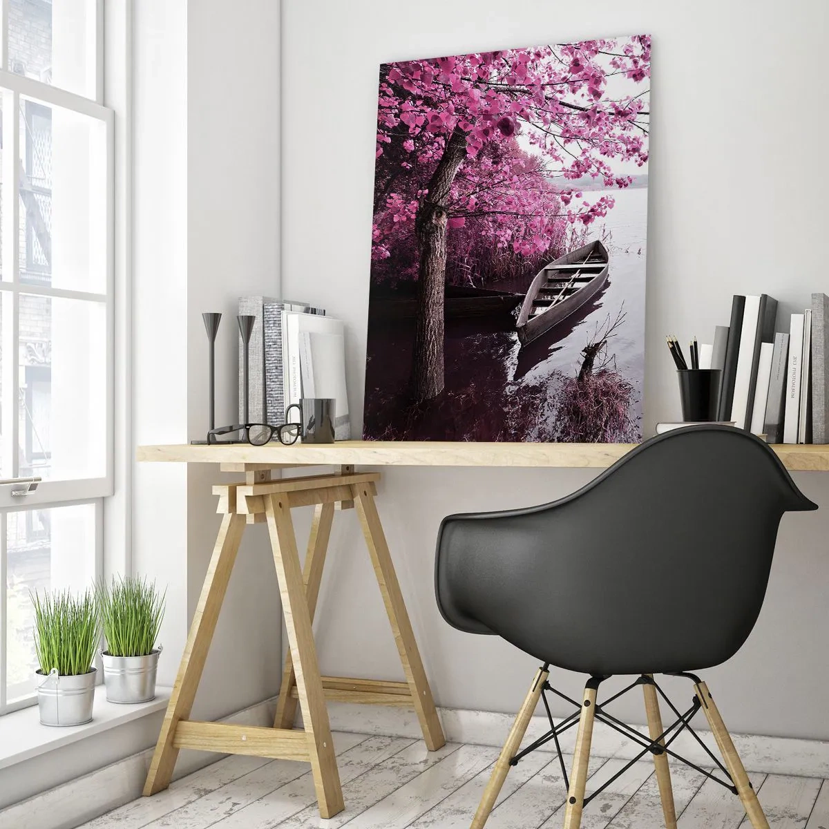Quadro su vetro - Una barca sulla riva con un albero rosa sull'acqua - 50x70cm - Nel silenzio rosa - Decorazione murale moderna per soggiorno e camera da letto ARTTOR