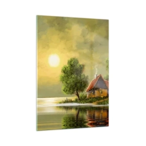 Quadro su vetro - Un paesaggio pittoresco con un cottage sul lago al tramonto - 50x70cm - Bello come un quadro - Decorazione murale moderna per soggiorno e camera da letto ARTTOR