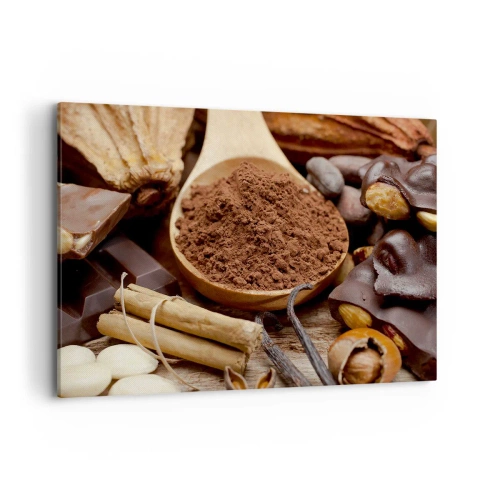 Quadro su tela - Stampe su Tela - Un cucchiaio di cacao e ingredienti al cioccolato in una disposizione rustica - 100x70cm - Ideale per i momenti di tristezza - Decorazione murale moderna per soggiorno e camera da letto ARTTOR