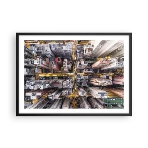 Poster in cornice nera - Una vista a volo d'uccello di una città piena di grattacieli - 70x50cm - Saluti da Hong Kong - Decorazione murale moderna per soggiorno e camera da letto ARTTOR