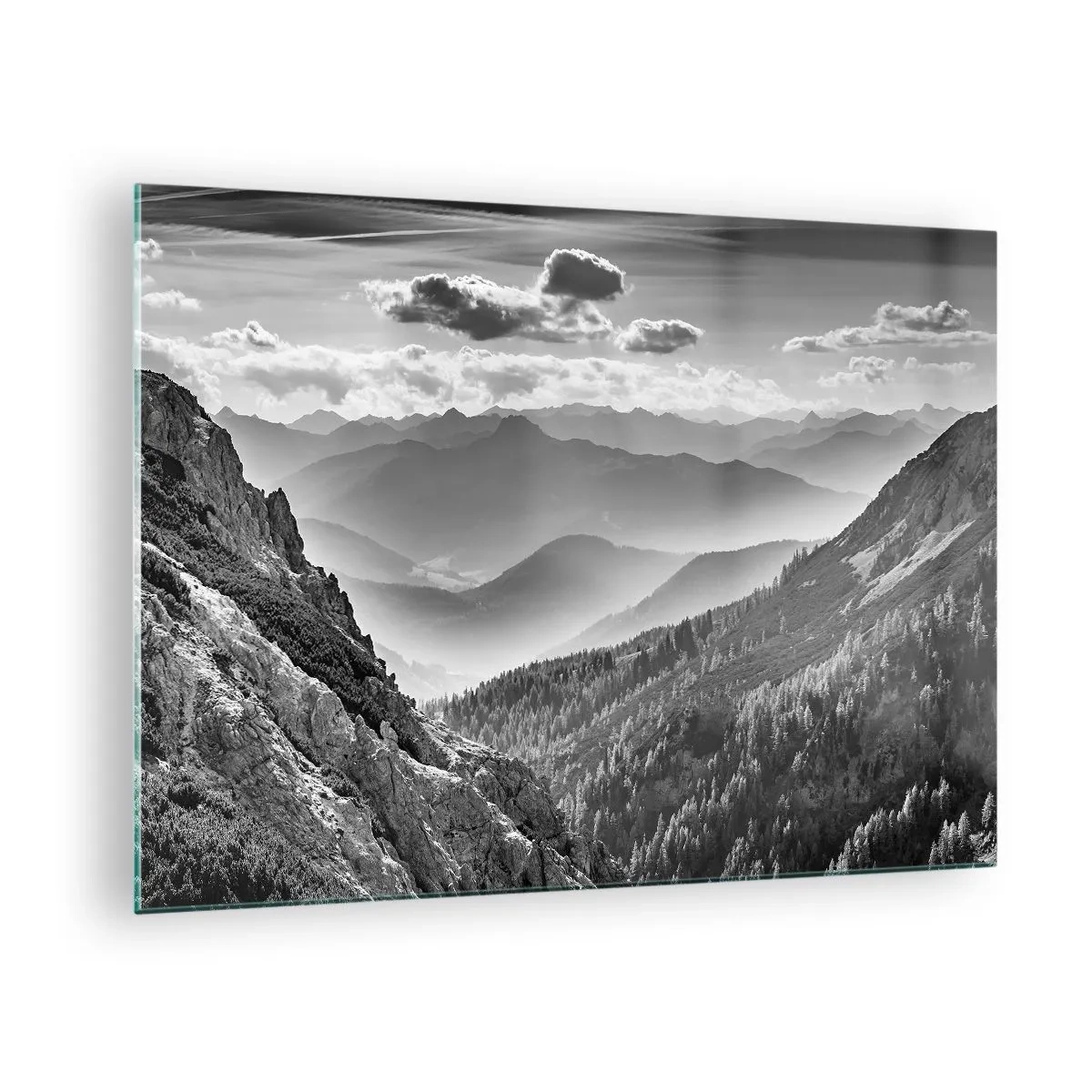 Quadro su vetro - Panorama montano in bianco e nero con vista sulla valle - 70x50cm - Fino all'orizzonte - Decorazione murale moderna per soggiorno e camera da letto ARTTOR