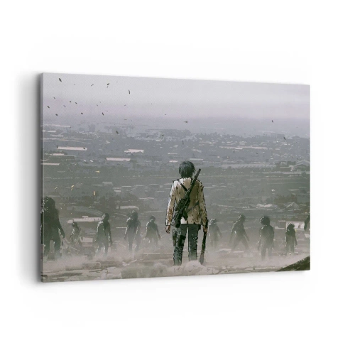 Quadro su tela - Stampe su Tela - Una figura con una pistola è in piedi di fronte a un gruppo in un paesaggio distopico. - 100x70cm - L'ultimo dei giusti? - Decorazione murale moderna per soggiorno e camera da letto ARTTOR