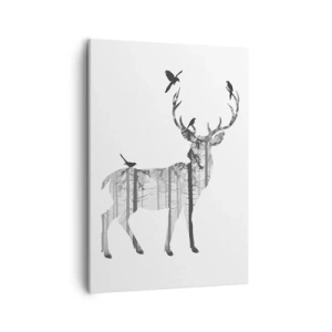Quadro su tela - Stampe su Tela - Silhouette di un cervo con foresta e uccelli - 50x70cm - Lo spirito buono del bosco - Decorazione murale moderna per soggiorno e camera da letto ARTTOR