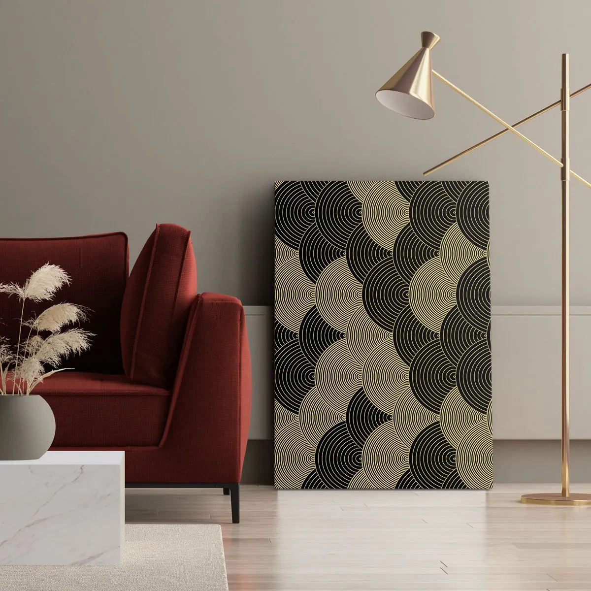 Quadro su tela - Stampe su Tela - Motivo Art Déco con semicerchi e linee dorate - 50x70cm - Unità nella molteplicità - Decorazione murale moderna per soggiorno e camera da letto ARTTOR