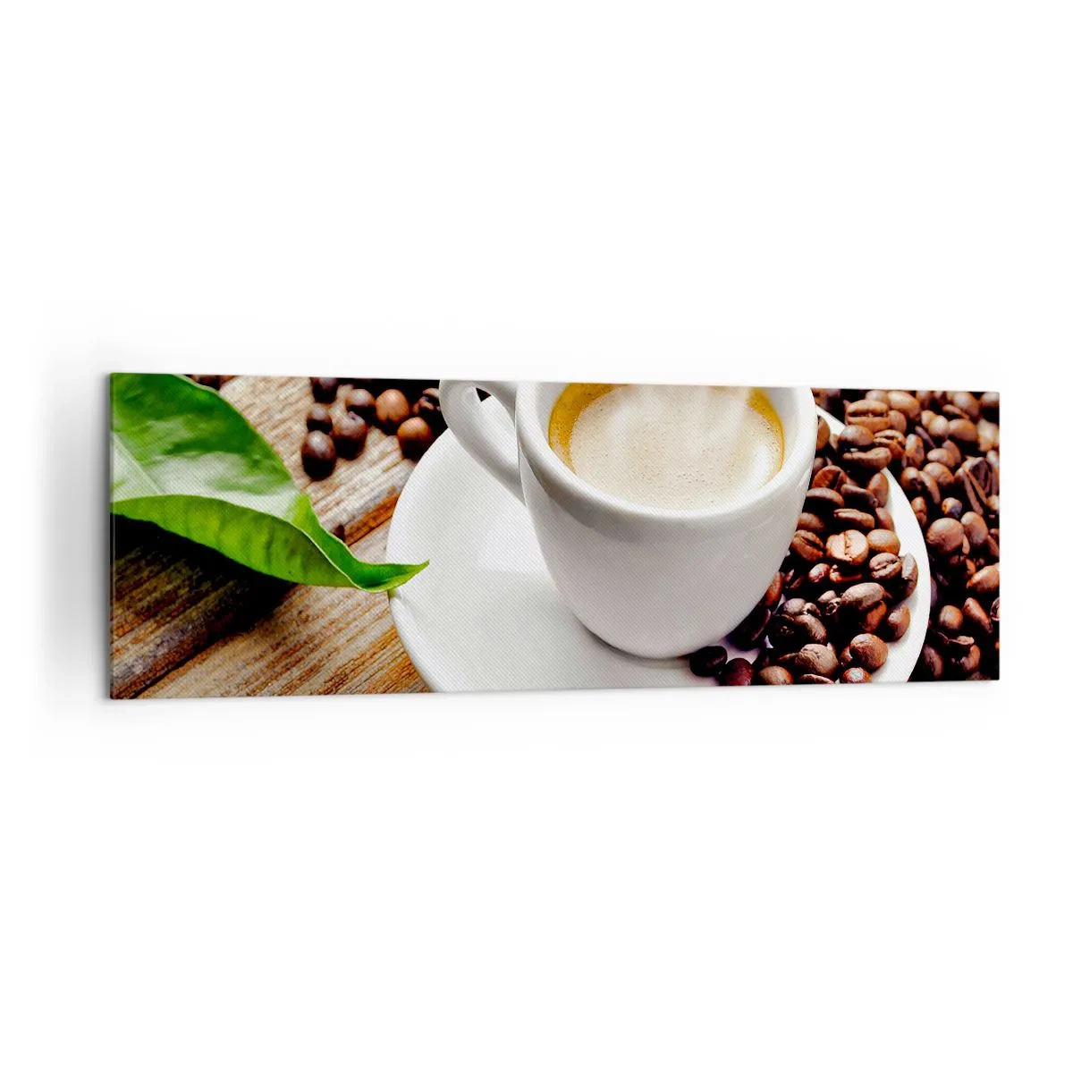 Quadro su tela - Stampe su Tela - Una tazza di caffè aromatico sullo sfondo di chicchi e una foglia - 160x50cm - Il caffè è pronto - Decorazione murale moderna per soggiorno e camera da letto ARTTOR