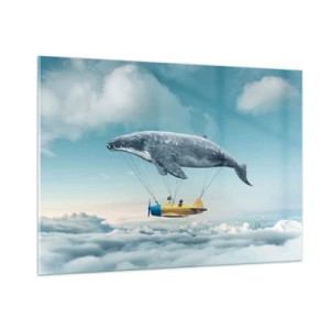Quadro su vetro - Una balena solleva un aereo sopra le nuvole in un'ambientazione surreale. - 100x70cm - Perché no? - Decorazione murale moderna per soggiorno e camera da letto ARTTOR