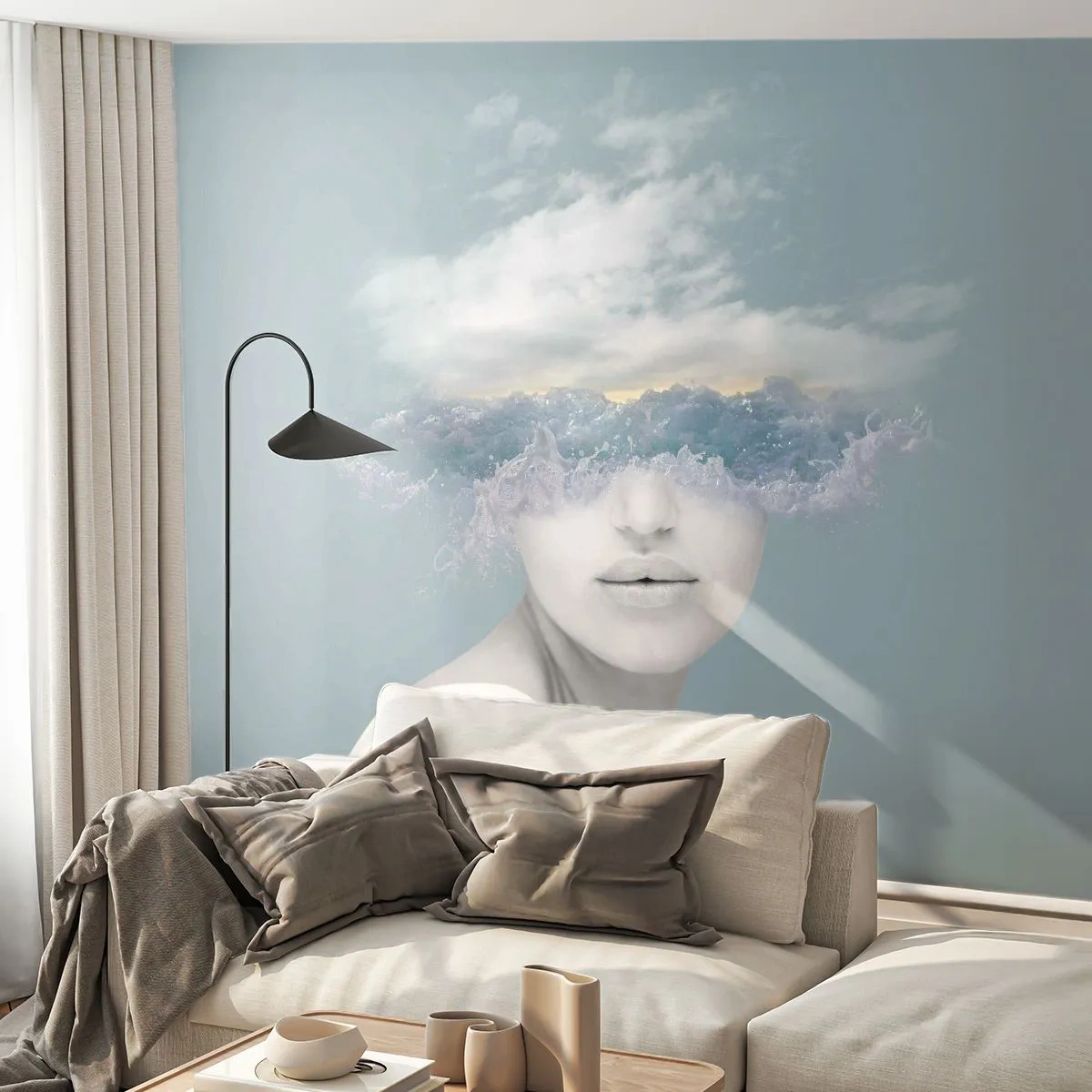 Fotomurali Premium Sand - Con la testa tra le nuvole - Luminoso, Ritratto, Nuvole - 300x210 cm