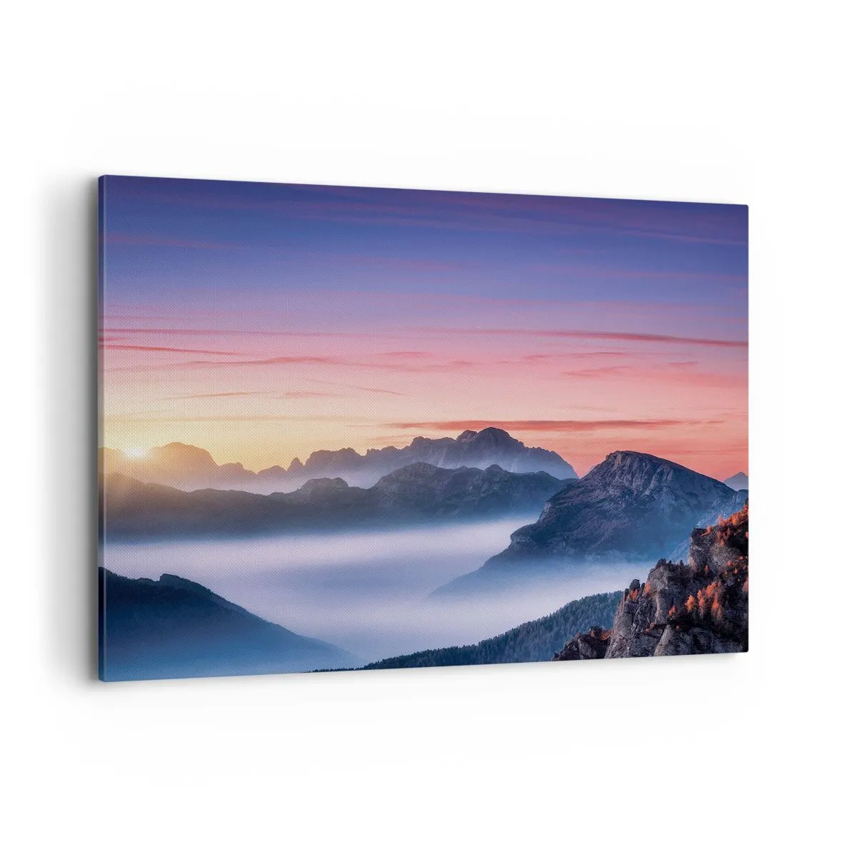 Quadro su tela - Stampe su Tela - Paesaggio montano all'alba con nebbia nelle valli - 100x70cm - Sopra le valli - Decorazione murale moderna per soggiorno e camera da letto ARTTOR