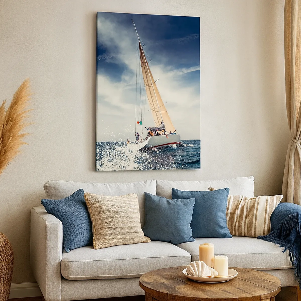 Quadro su tela - Stampe su Tela - Una barca a vela su un mare in tempesta sotto un cielo azzurro - 50x70cm - Non ci raggiungeranno! - Decorazione murale moderna per soggiorno e camera da letto ARTTOR