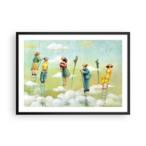 Poster in cornice nera - Figure che salgono scale tra le nuvole su uno sfondo pastello. - 70x50cm - Seguendo i propri sogni - Decorazione murale moderna per soggiorno e camera da letto ARTTOR