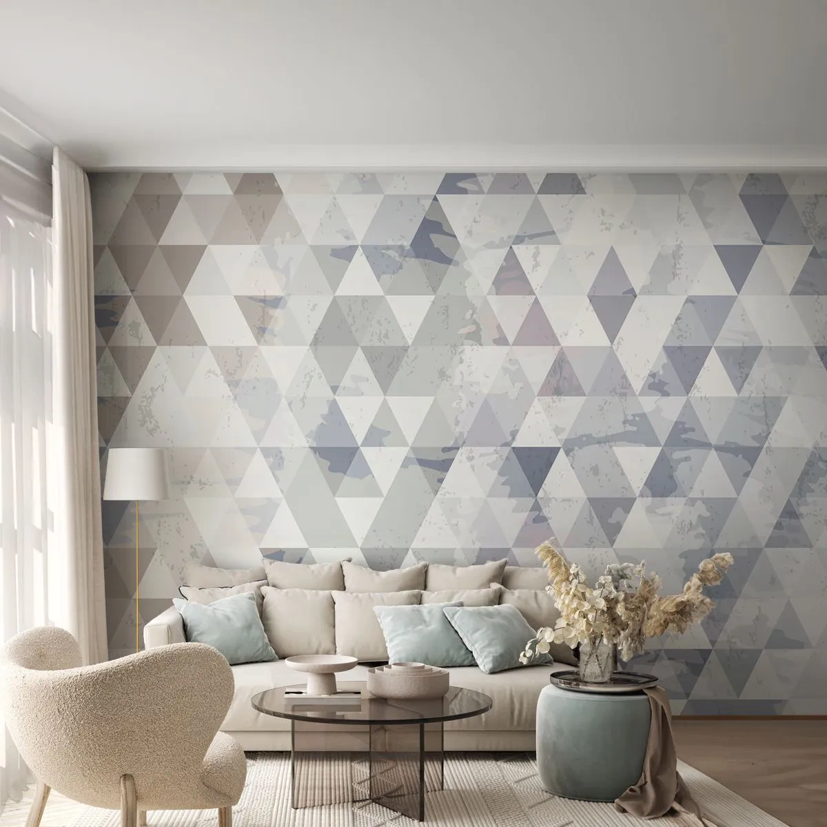 Fotomurali Premium Canvas - Motivo geometrico a triangolo in tonalità pastello - 100x70cm - Al ritmo di tre - Decorazione murale moderna per soggiorno e camera da letto ARTTOR