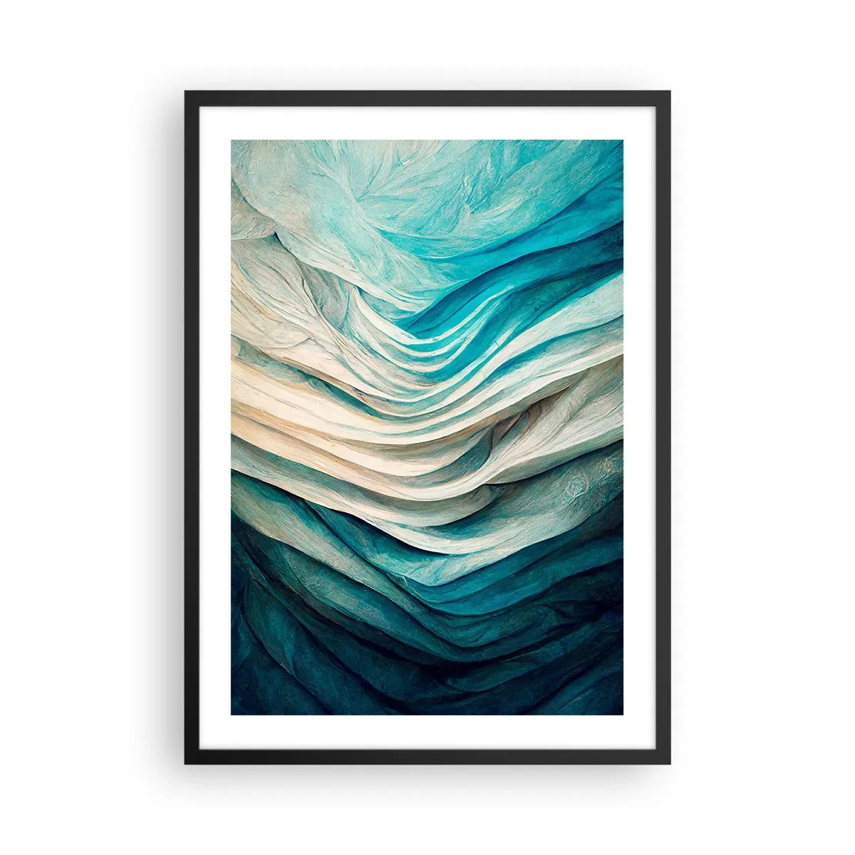 Poster in cornice nera - Composizione astratta di onde nei toni del blu e del beige - 50x70cm - Blu insaziabile - Decorazione murale moderna per soggiorno e camera da letto ARTTOR