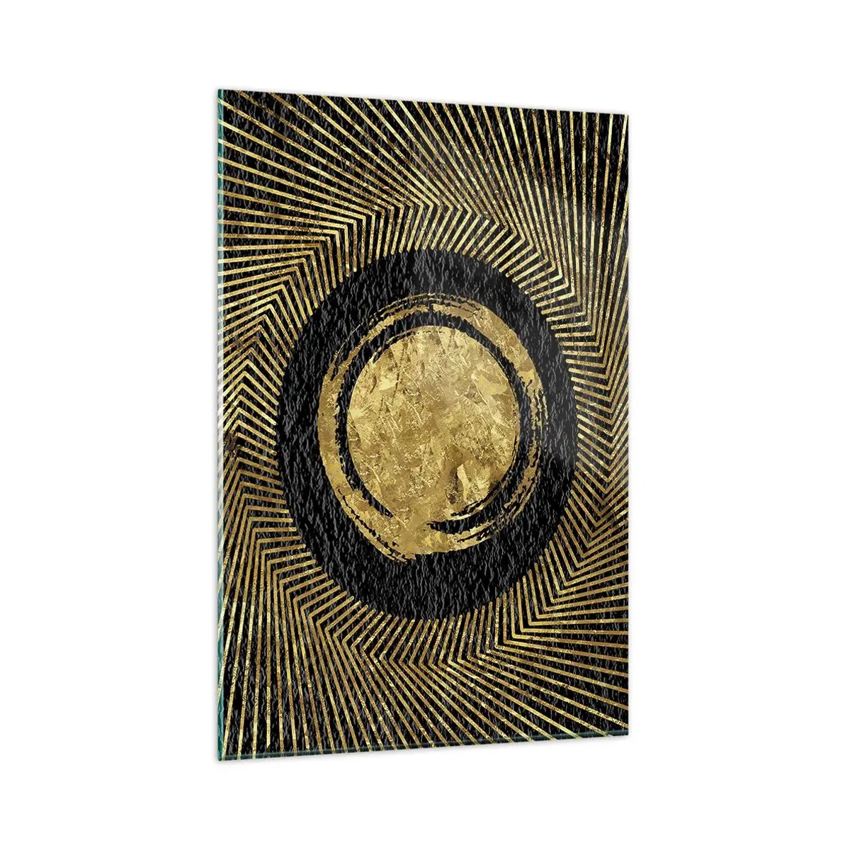 Quadro su vetro - Composizione geometrica in nero e oro con raggi - 80x120cm - Composizione glamour - Decorazione murale moderna per soggiorno e camera da letto ARTTOR
